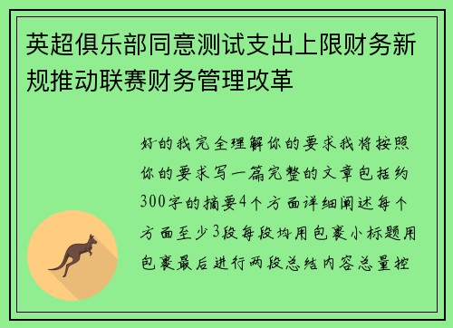 英超俱乐部同意测试支出上限财务新规推动联赛财务管理改革 英超俱乐部同意测试支出上限财务新规推动联赛财务管理改革